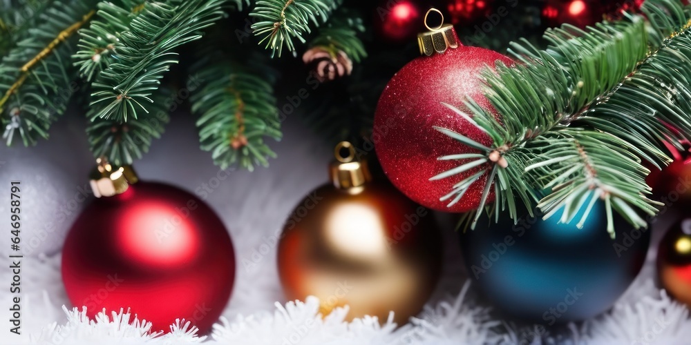 Christmas and New years eve Background. Beautiful Wide Angle Holiday Template with Christmas ball on fir tree and highlights. Christmas and New year greeting card concept Christmas and New years eve Background. Beautiful Wide Angle Holiday Template with Christmas ball on fir tree and highlights. Christmas and New year greeting card concept