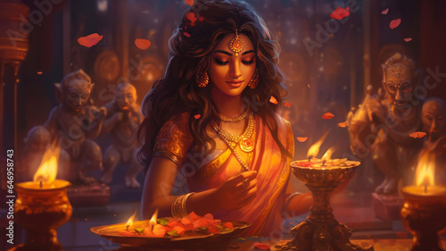 Illustrations Capturing the Enchanting Beauty of Hindu Aarti Ceremonies, with Lamps and Devotional Chants. AI Generated 8K.