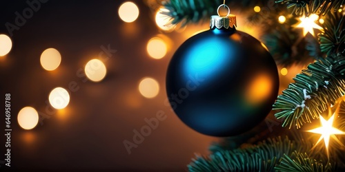 Christmas and New years eve Background. Beautiful Wide Angle Holiday Template with Christmas ball on fir tree and highlights with copy space. Christmas and New year greeting card concept