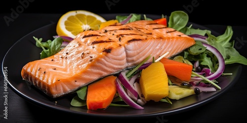 A grilled salmon fillet served with a refreshing salad, lemon, and herbs on a wooden plate......