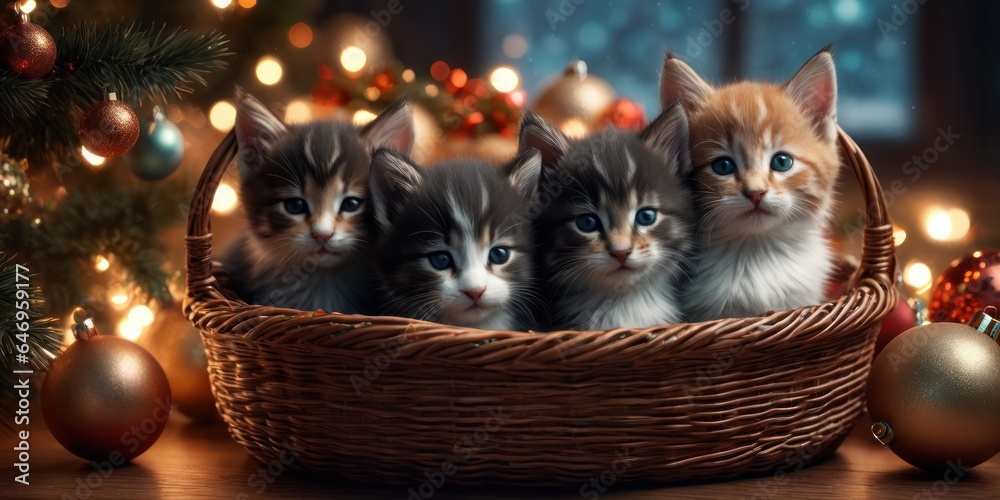 Two adorable two and a half months old kittens - grey and black with white one, sitting in a wicker basket with christmas tree fir and garland on background. Winter holidays Happy new year postcard