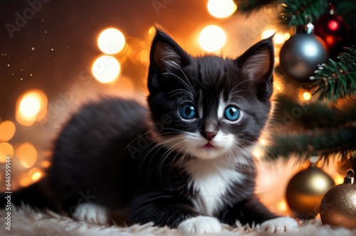 Adorable kitten playing with christmas bauble on background of christmas tree and ornaments in warm illumination lights. Cozy winter holidays, Merry Christmas and happy new year