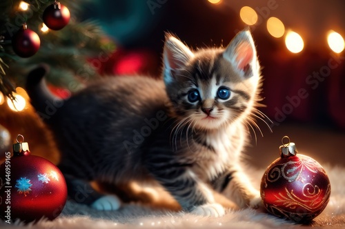 Adorable kitten playing with christmas bauble on background of christmas tree and ornaments in warm illumination lights. Cozy winter holidays, Merry Christmas and happy new year