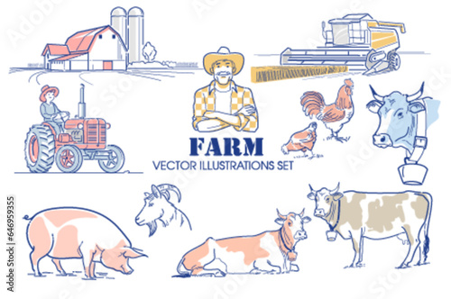 farm animals collection, vector line art illustrations