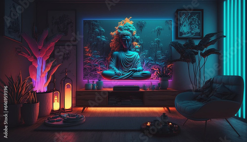 Asian house neon color room minimalist interior design AI Generated image