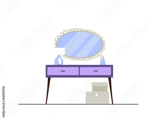 Dressing table with mirror and house plants in pastel colours. Flat style illustration with easily editable elements.