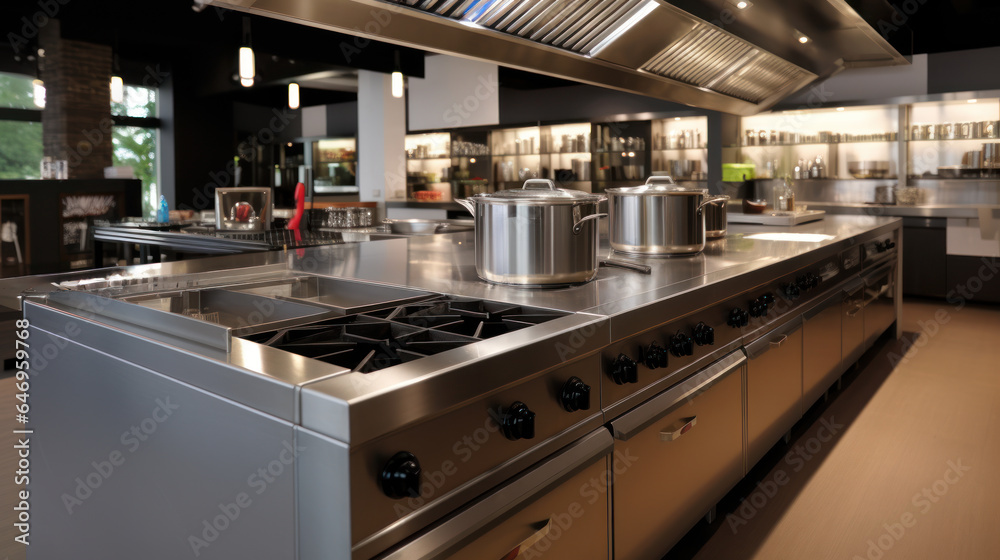 Modern kitchen interior with stainless steel stove and cooker. Blurred background. Modern kitchen interior with stainless steel stove and cooker. Blurred background.
