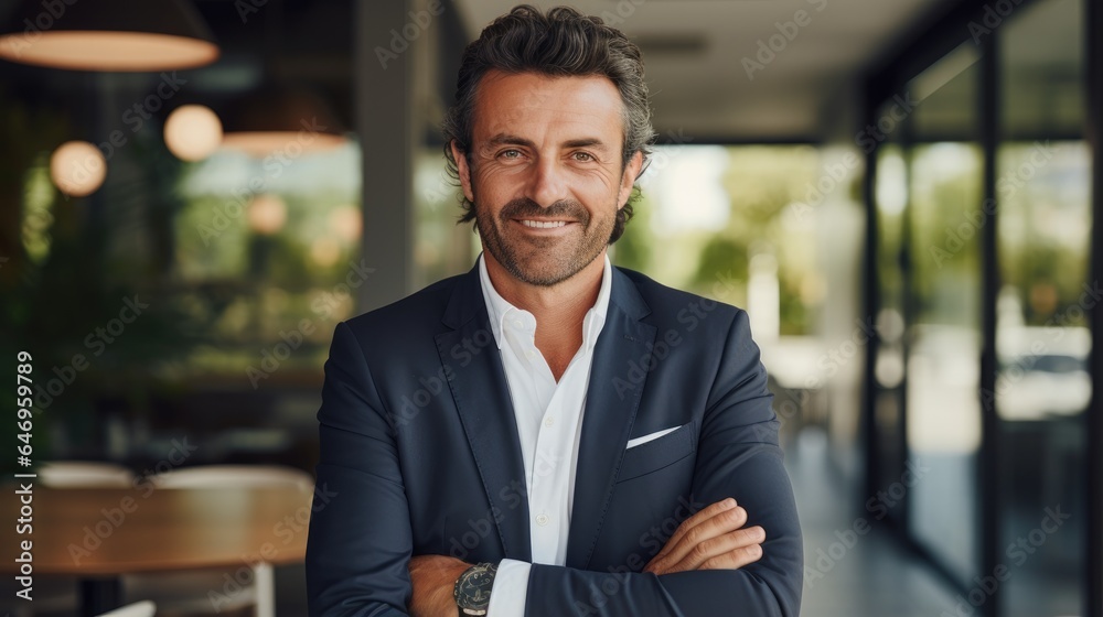 Fototapeta premium Portrait of a 45-year-old businessman in office. Generative AI