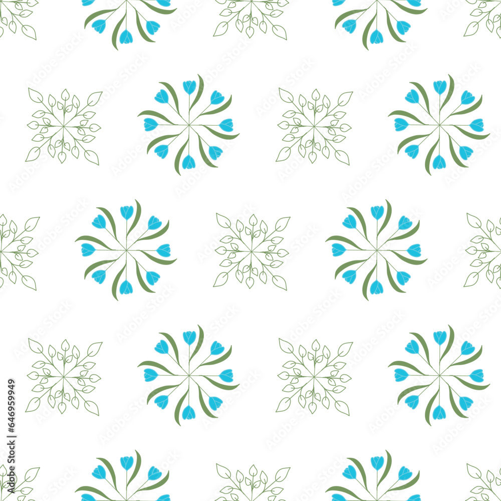 A Vector Repeat Seamless Pattern Designed with Wheel Shapes of Teal Blue Tulips and Green Line At Leaves Placed in a Geometric Pattern on a White Background.