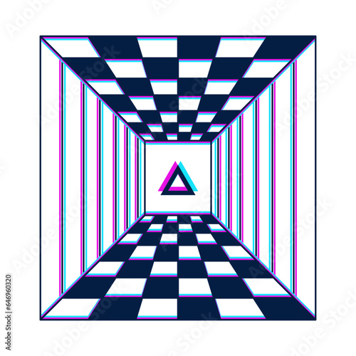 Optical illusion checkered 3d room. Psychedelic empty grid background. Minimal glitch design. Retro futuristic geometric perspective. Trendy y2k chess tiles. Trippy vector template