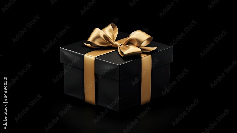 a stylish gift box with a beautifully tied ribbon bow, nestled amidst golden confetti on a sleek black background. The composition exudes sophistication and celebration. a stylish gift box with a beautifully tied ribbon bow, nestled amidst golden confetti on a sleek black background. The composition exudes sophistication and celebration.