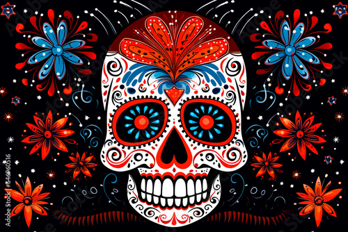 Day of the dead traditional skull on fireworks background