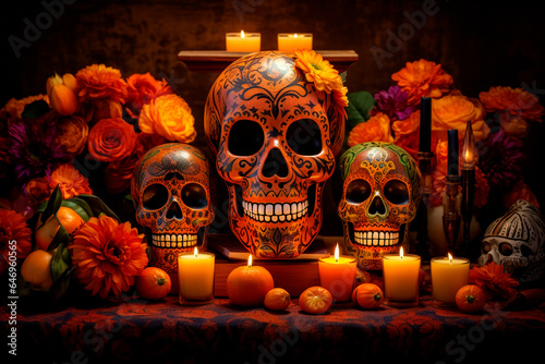 Day of the dead traditional skull on floral background