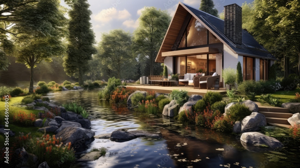 A well designed house near a river with a garden and a sauna. A well designed house near a river with a garden and a sauna.