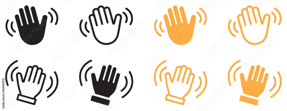 Set of hand hello icons. Hand waving, hand gesture, hello, hi, bye, wave hello, goodbye, greeting symbol. Vector.