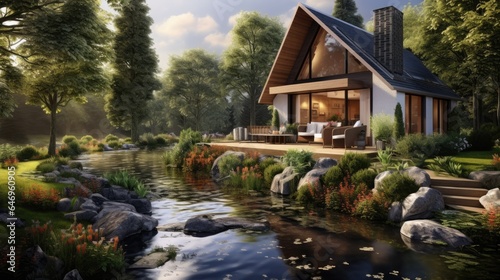 A well designed house near a river with a garden and a sauna. © Vusal