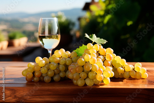Wooden table with fresh white grapes  on nature blurred background  vineyard field