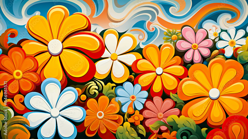 Colorful 70s Retro Style poster art with flowers, and psychedelic wavy shapes, colors in orange, pale blue, yellow and greens. Background texture or wall art.
