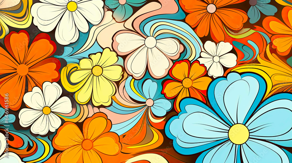 Colorful 70s Retro Style poster art with flowers, and psychedelic wavy shapes, colors in orange, pale blue, yellow and greens. Background texture or wall art. Colorful 70s Retro Style poster art with flowers, and psychedelic wavy shapes, colors in orange, pale blue, yellow and greens. Background texture or wall art.