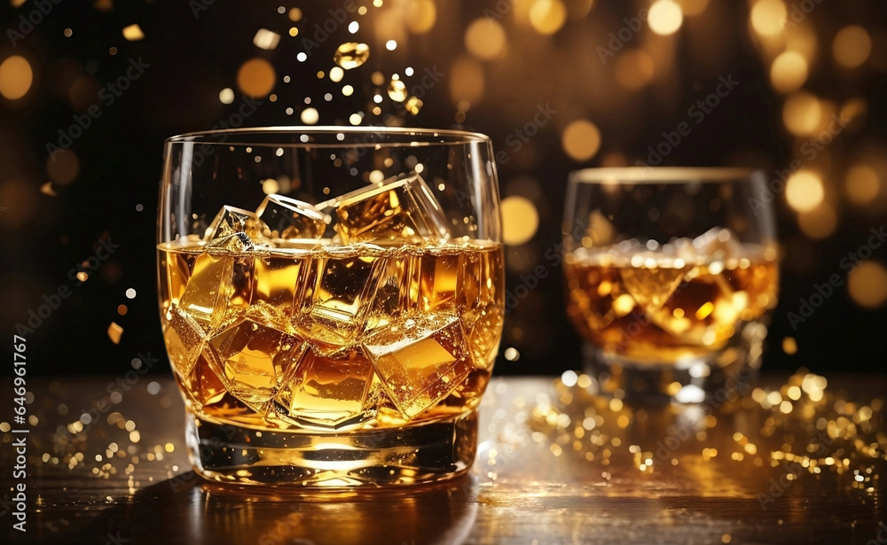 A glass of whiskey with blurred surroundings background.
