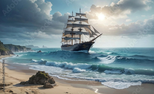 The sea and a sailing ship with mystical nature background.