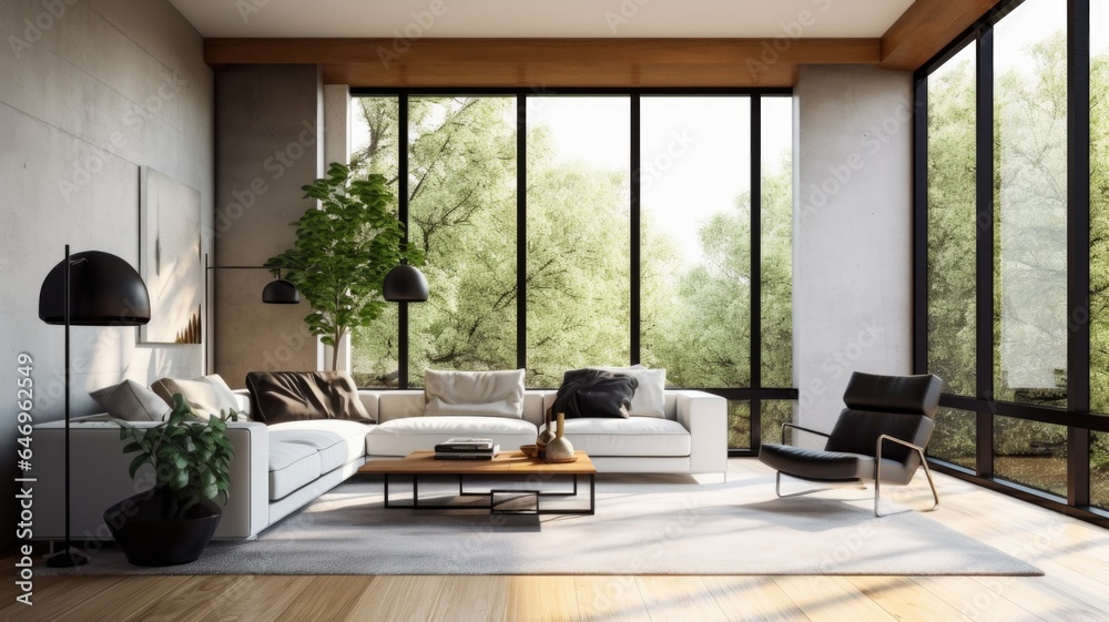 Living room decor, home interior design . Modern Minimalist style with Large Windows decorated with Concrete and Glass material . Generative AI AIG26.