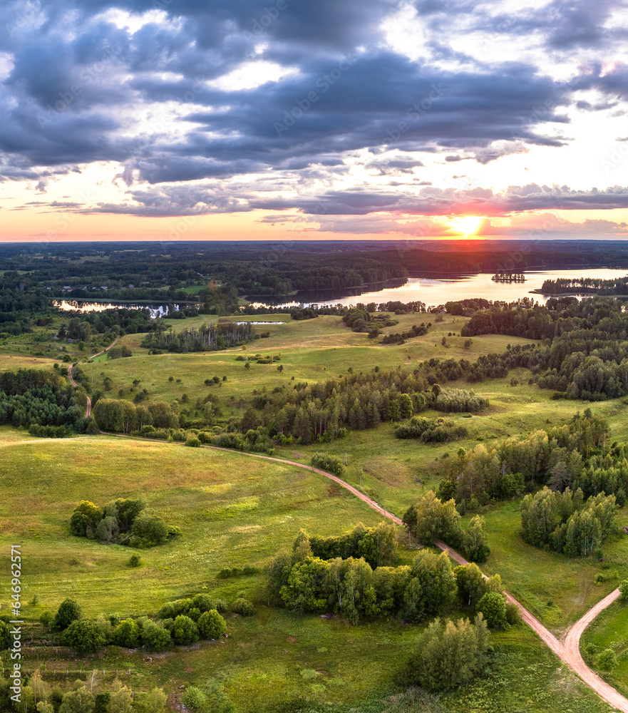 Sunset time bay Jazinks lake.  Nature of Latvia, Latgale.