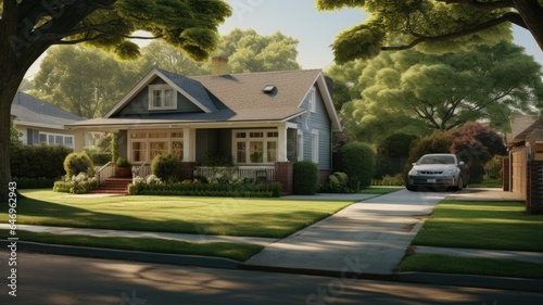 a charming family house nestled within a serene neighborhood. The concrete pathway leads through a lush green lawn, with a family car parked to the side. The image embodies the essence