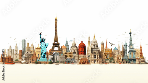 World landmarks and famous monuments collage isolated white background