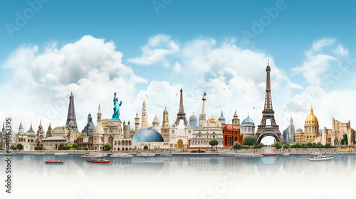 World landmarks and famous monuments collage with cloud background