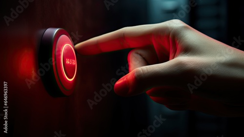a man's hand hovering above a prominent red button set against a dark, suspenseful background. The image conveys the tension and gravity of an impending action.