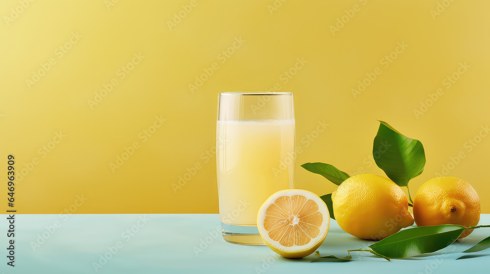 Fresh squeezed lemon juice in glass with lemon fruit. Isolated on flat yellow color background with copy space. 