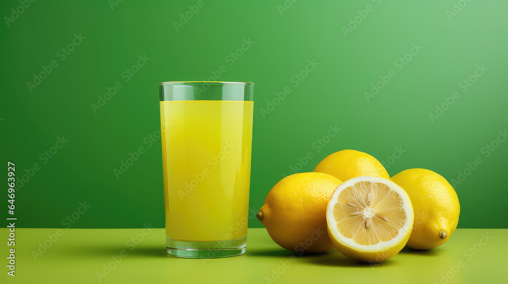 Fresh squeezed lemon juice in glass with lemon fruit. Isolated on flat green color background with copy space. 