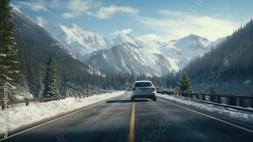 a car speeding down a snowy road, surrounded by a breathtaking winter landscape of snow-covered mountains and a dense forest. Emphasize the sense of motion and adventure. © lililia
