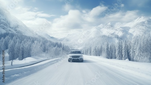 a car speeding down a snowy road, surrounded by a breathtaking winter landscape of snow-covered mountains and a dense forest. Emphasize the sense of motion and adventure.