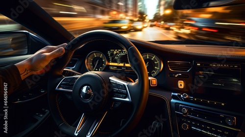 a speeding car, focusing on the driver's hands firmly gripping the steering wheel. Convey the sense of adrenaline and control as the car accelerates. © lililia
