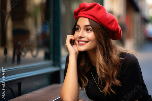 Smiling young French woman with a red beret sitting on a bench