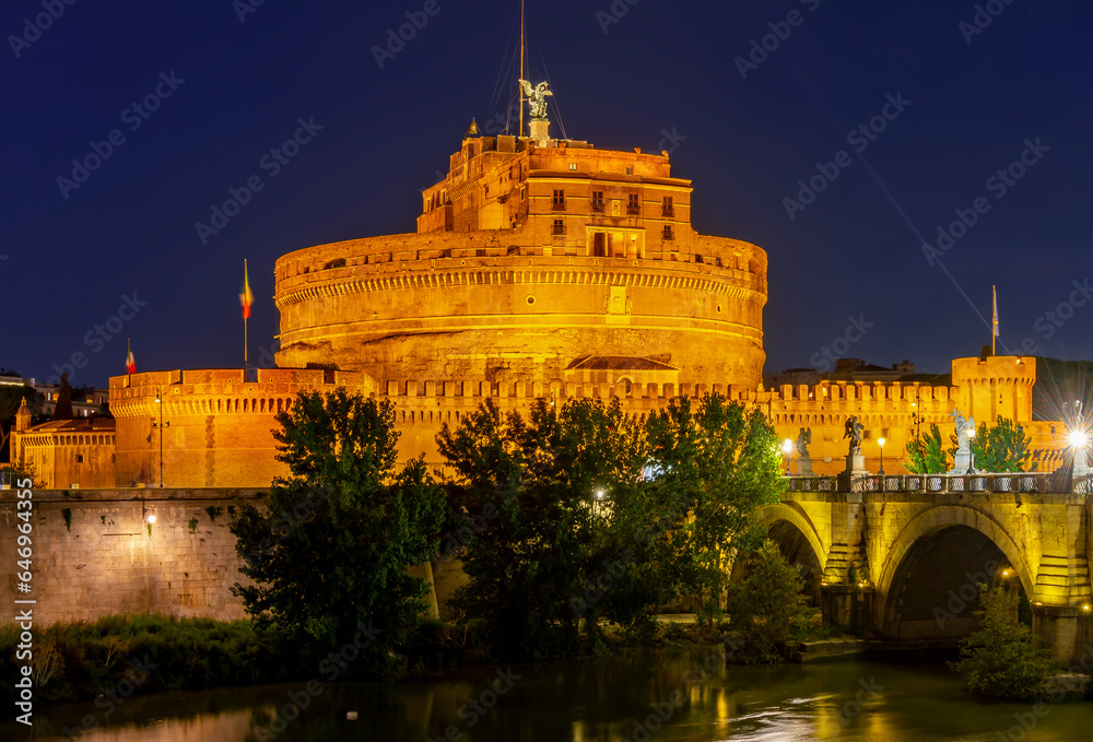 Castle of the Holy Angel (Castel Sant'Angelo) at night, Rome, Italy
