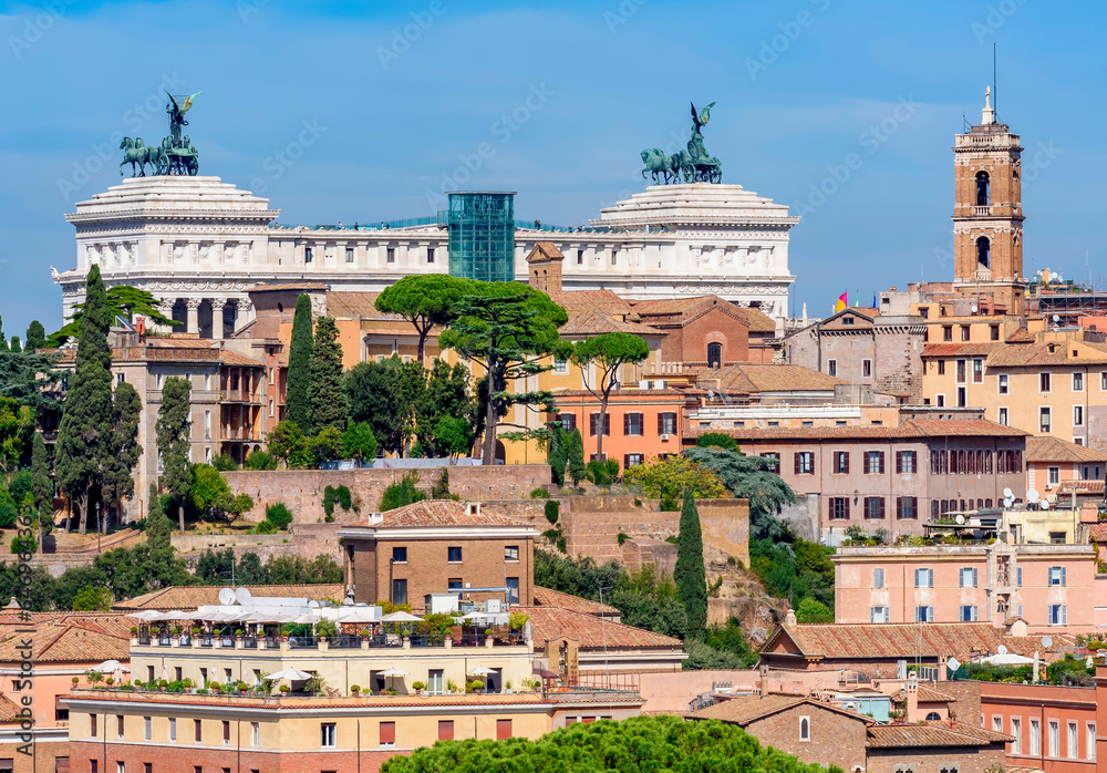 Rome cityscape with Capitoline hill seen from Aventine hill, Italy