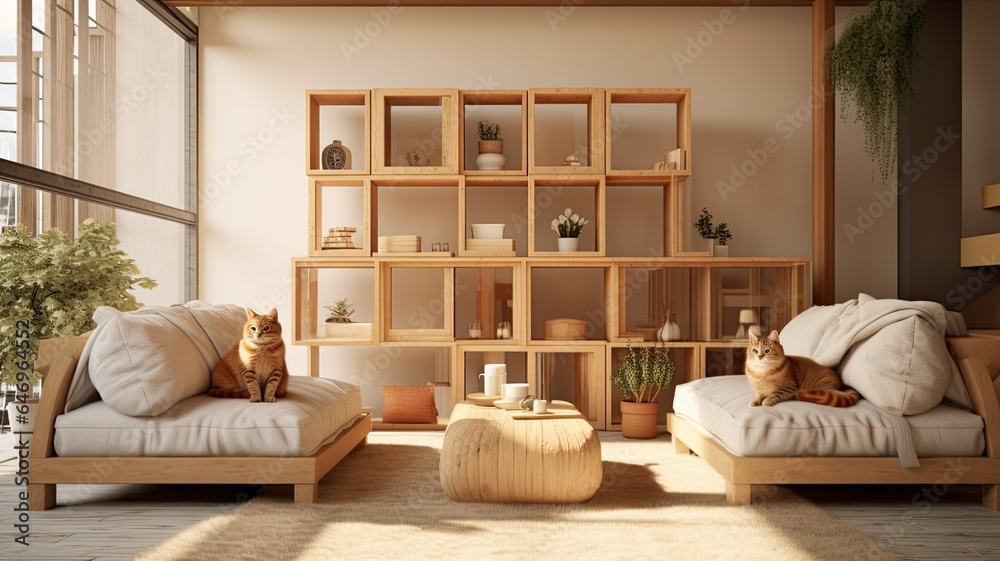 two content cats inside a stylish wooden cat house set in a ...