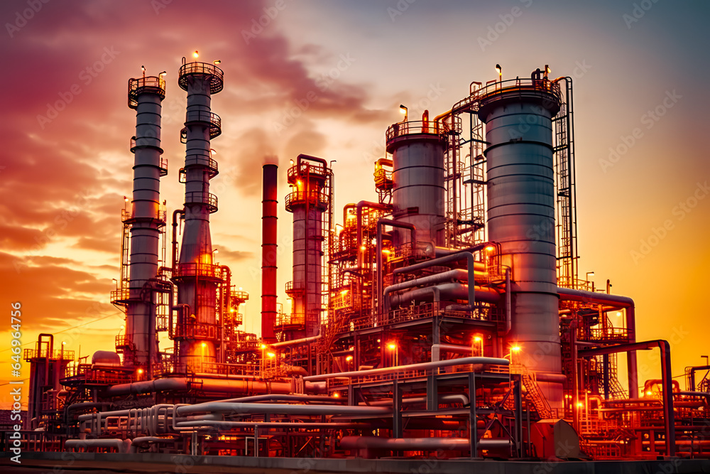 Fototapeta premium Large factory with many pipes and lights in the dark sky at sunset.