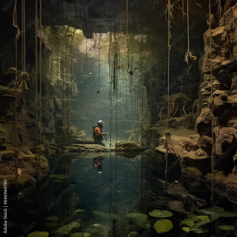 descripcion ilustrativa de un cenote conuan gran entrada de luz y aguas cristalinas, lianas y plantas colgantes, se observan personas explorando las aguas entre rocas y naturaleza - obrazy, fototapety, plakaty 