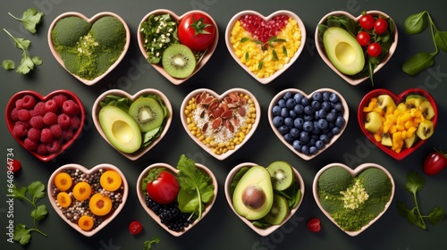 background Heart shaped bowls with colorful healthy food  16 9  concept  healthy food