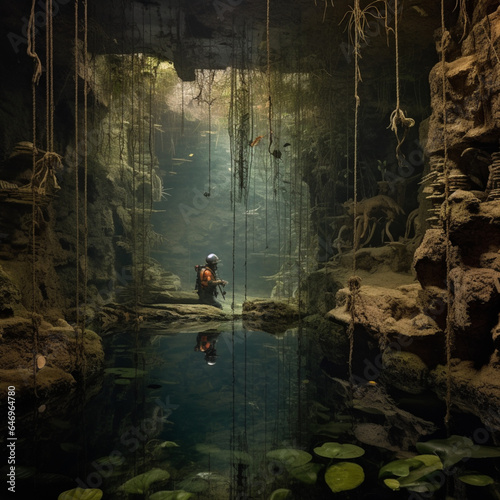 descripcion ilustrativa de un cenote conuan gran entrada de luz y aguas cristalinas  lianas y plantas colgantes  se observan personas explorando las aguas entre rocas y naturaleza