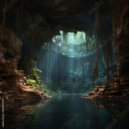 descripcion ilustrativa de un cenote conuan gran entrada de luz y aguas cristalinas, lianas y plantas colgantes, se observan personas explorando las aguas entre rocas y naturaleza photo