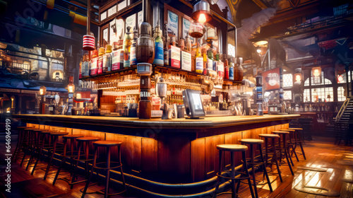 Bar with bunch of bottles on the top of it and stools in front of it.