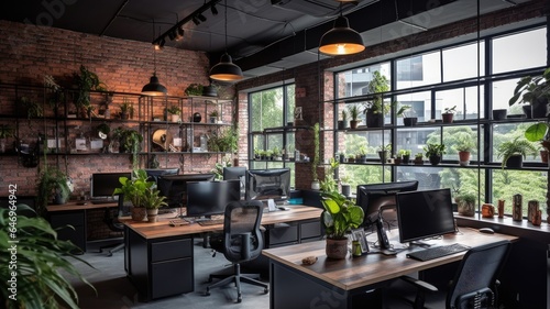 Inspiring office interior design Industrial style Office featuring Exposed bricks architecture. Generative AI AIG 31. © Summit Art Creations