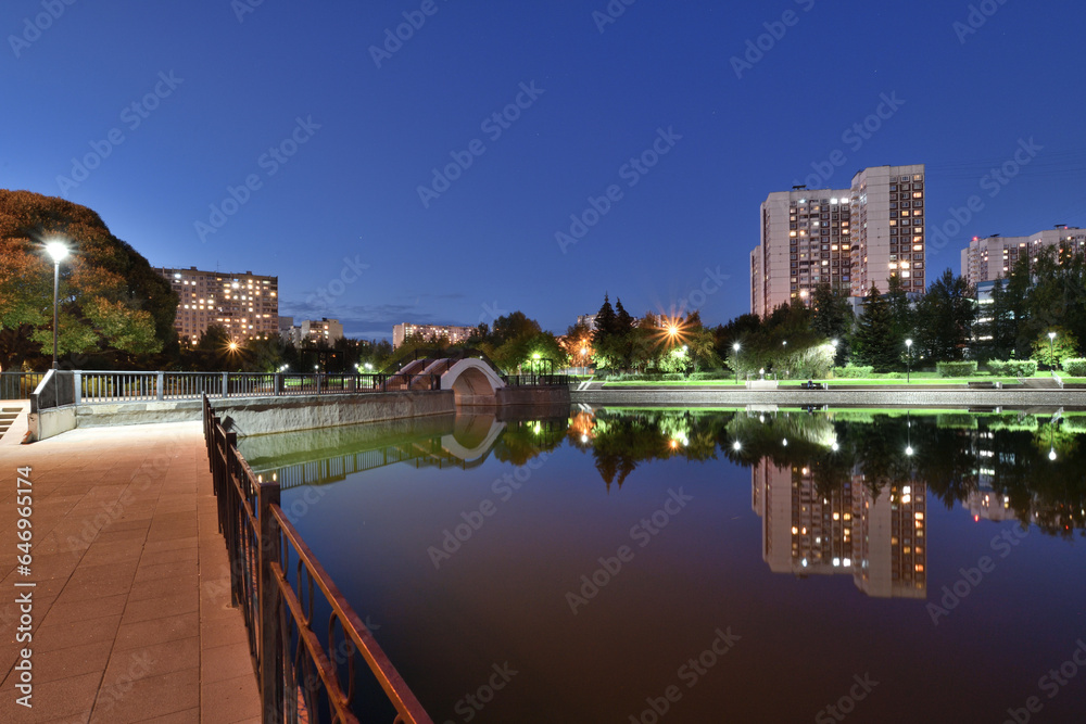 Beautiful Evening landscape with a pond in Zelenograd in Moscow. Russia