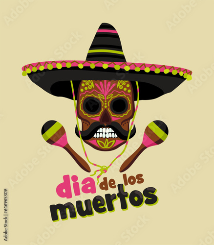 Dia de los muertos. Day of the dead. November 2. Vector isolated illustration of decorated skull in sombrero with maracas. Concept of mexican national holiday. With lettering.