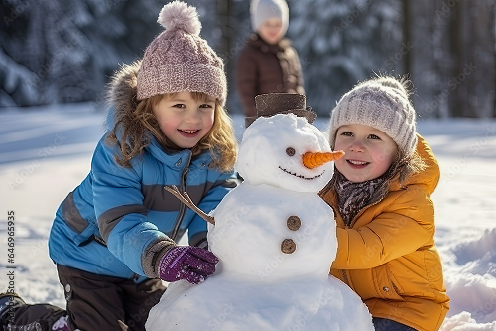 Children playing in the snow make a snowman, generative ai